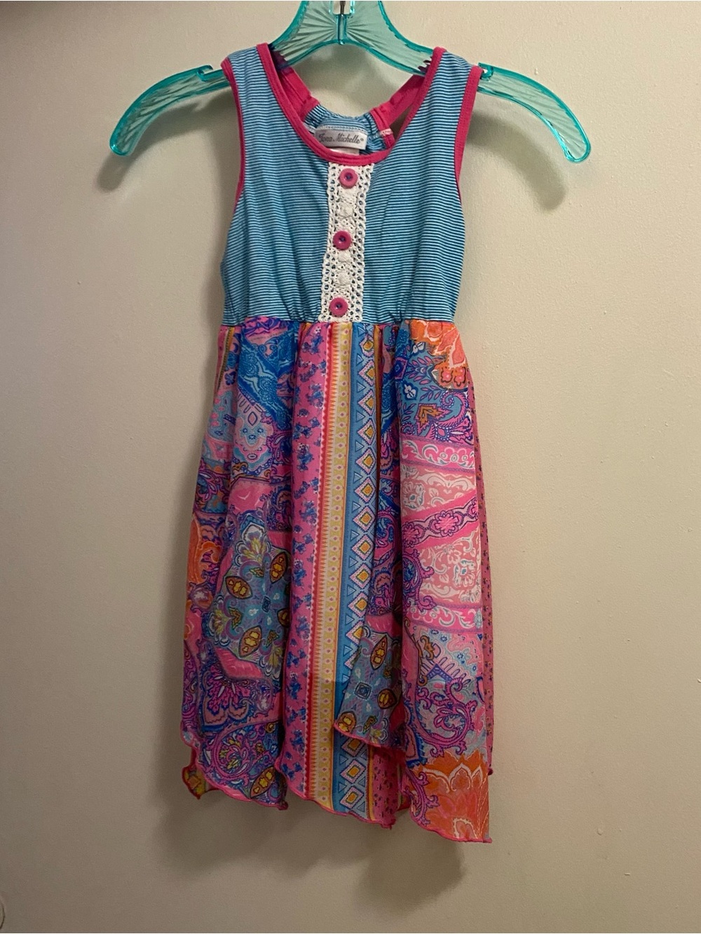 Jona Michelle Girls Size 5 Chest 22” Summer Tank Dress Teal Pink Paisley Boho